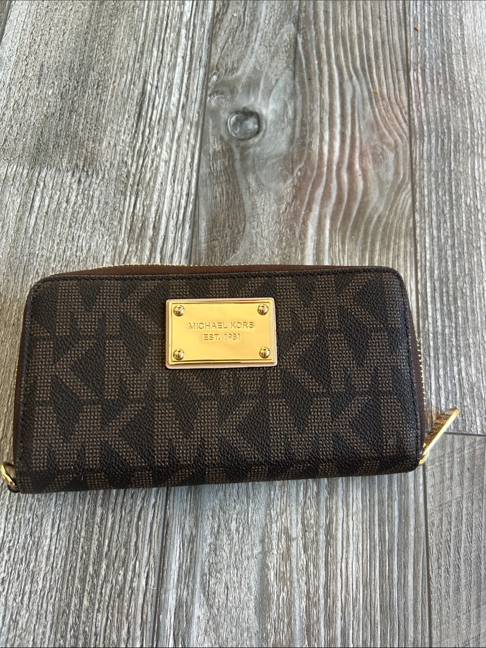 Michael Kors Dark Brown MK Monogram Zip Wallet with Gold Plate